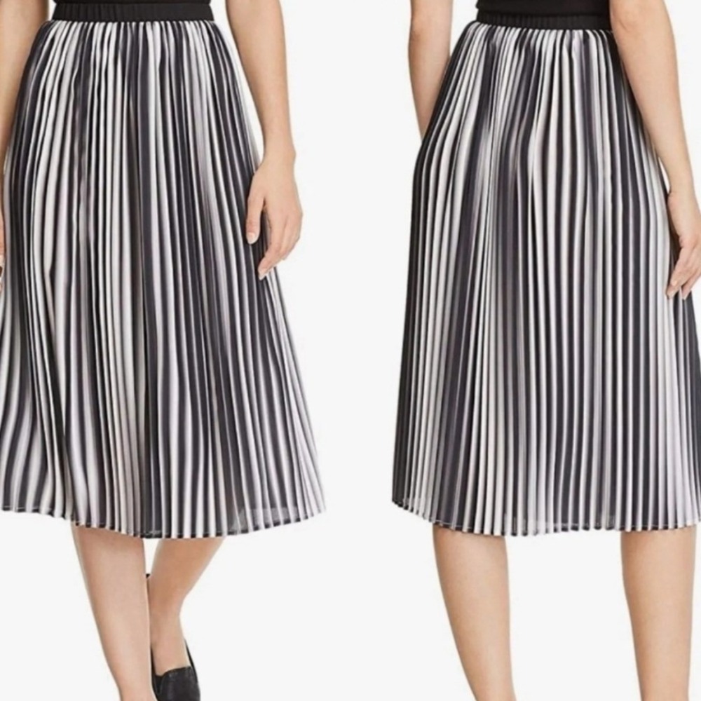 EILEEN FISHER Pleated Ombre Midi Skirt Black Grey Striped Side Zip XS
